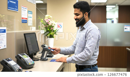 Asian Indian smiling man using debit or credit card at self-service payment terminal inside modern bank or financial institution. Banking convenience, customer experience in asecure environment 126677476