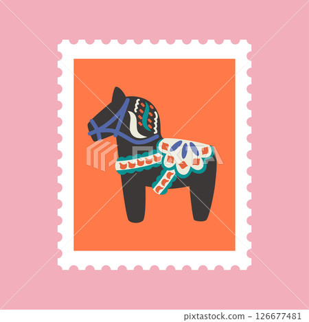2026 Dalarna Horse stamp frame vector illustration (with background) 126677481