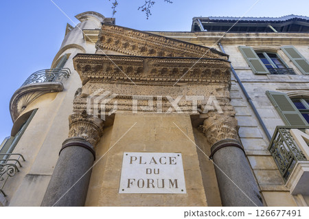 Cryptoporticus of the roman forum showing intricate carvings and columns in Arles, Place du Forum, France Cryptoporticus of the roman forum showing intricate carvings and columns in Arles, Place du Forum, France 126677491