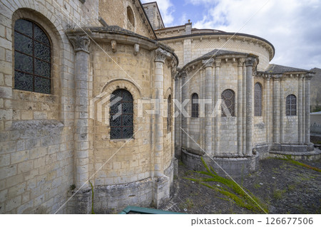 Exterior view of the Eglise Sainte Radegonde showing apse and stained glass windows in Poitiers, France 126677506