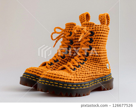 A pair of AI-generated combat boots made from crocheted fabric with a vibrant, multicolored pattern and rugged soles. 126677526