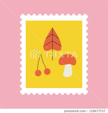 Leaves and mushrooms stamp frame vector illustration (with background) 126677537