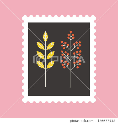 Yellow leaves and red berries stamp frame vector illustration (with background) 126677538