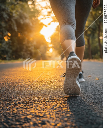 Close-up view of legs in athletic shoes walking on a textured road at sunset, representing exercise and mindfulness 126677621