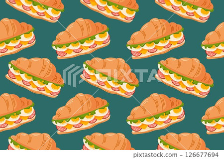 Croissant sandwich seamless pattern with lettuce, egg, cheese and salami in flat style. Design background for bakery, breakfast and brunch cafe wallpaper. Croissant sandwich seamless pattern with lettuce, egg, cheese and salami in flat style. Design background for bakery, breakfast and brunch cafe wallpaper. 126677694