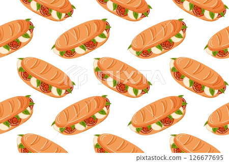 Baguette sandwich seamless pattern with fresh tomatoes, mozzarella cheese and basil leaf in flat style. Design for breakfast menu, grocery and kitchen wallpaper. 126677695