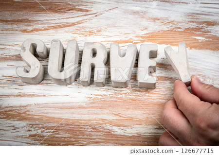 SURVEY Concrete alphabet letters on a light painted wood texture background SURVEY Concrete alphabet letters on a light painted wood texture background 126677715