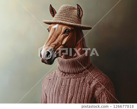 A hyper-realistic AI-generated portrait of a horse wearing a cozy, textured sweater and a woven hat.  126677818
