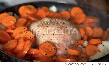 Enjoy a Savory Meal accompanied by Roasted Vegetables enhanced with Herb Seasoning for more flavor 126678007