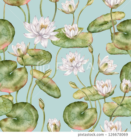 Seamless watercolor pattern featuring delicate white water lilies with green leaves. Hand-drawn lotus flowers on an isolated background, perfect for textiles and wrapping paper. Seamless watercolor pattern featuring delicate white water lilies with green leaves. Hand-drawn lotus flowers on an isolated background, perfect for textiles and wrapping paper. 126678069