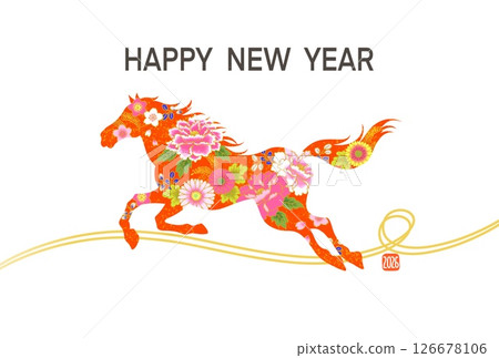 New Year's card 2026 Year of the Horse Stylish New Year's card with horse illustration Japanese pattern Floral pattern New Year's card 2026 Year of the Horse Stylish New Year's card with horse illustration Japanese pattern Floral pattern 126678106
