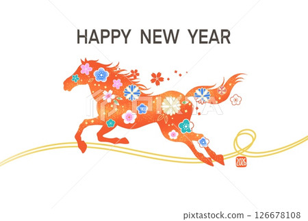 New Year's card 2026 Year of the Horse Stylish New Year's card with horse illustration Japanese pattern Floral pattern New Year's card 2026 Year of the Horse Stylish New Year's card with horse illustration Japanese pattern Floral pattern 126678108