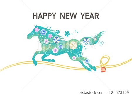 新年賀卡 2026 馬年 帶有馬插圖的時尚新年賀卡 日式圖案 花卉圖案 新年賀卡 2026 馬年 帶有馬插圖的時尚新年賀卡 日式圖案 花卉圖案 126678109
