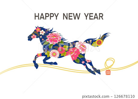 新年賀卡 2026 馬年 帶有馬插圖的時尚新年賀卡 日式圖案 花卉圖案 126678110