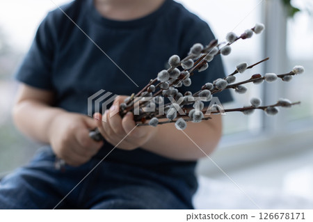 Little child holding the pussy willow twigs. Palm Sunday concept. Selective focus. 126678171