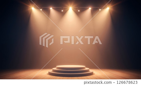 Warm glowing stage with circular levels surrounded by golden light professional presentation high-quality product placement and creative showcasing dramatic theater lighting 126678623