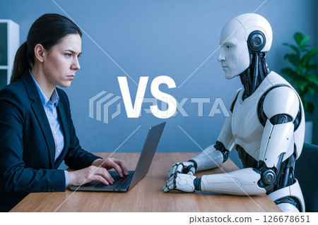 Human office worker and artificial intelligence robot face off in business environment, digital revolution, future workforce, workplace technology advancement, productivity improvement 126678651