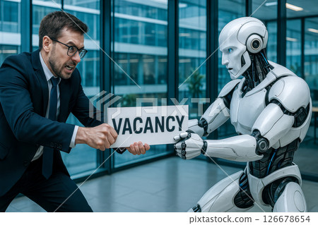 Office worker and robot compete for job vacancy, business professional struggles with artificial intelligence in modern workplace, concept of employment rivalry 126678654