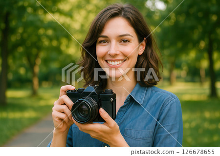 Young smiling woman holding vintage camera in park, cheerful female photographer in casual denim shirt, enjoying outdoor photography, nature background, bright summer day, green trees around 126678655