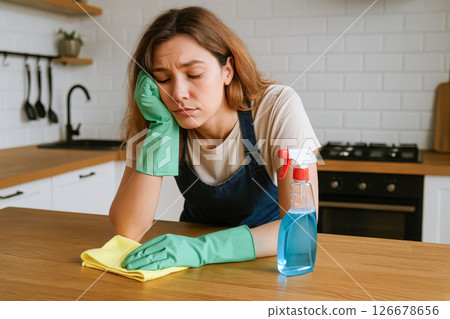 Tired young woman cleaning kitchen in rubber gloves, feeling exhausted from housework, daily chores, wiping table, home routine, household, stress, cleaning supplies 126678656