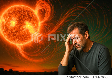 Man suffers headache during solar storm, giant sun with magnetic flare, health effect, space weather, mental health, stress 126678680