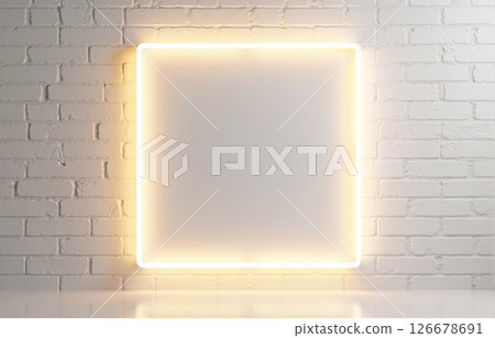 Modern illuminated square frame glowing on bright white brick wall background, blank space for text, business presentation or product advertising backdrop 126678691