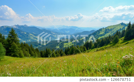 Panoramic mountain landscape with green valleys, pine forests, distant ridges, wildflowers, blue sky, white clouds, tranquil natural summer background, outdoor travel scenery Panoramic mountain landscape with green valleys, pine forests, distant ridges, wildflowers, blue sky, white clouds, tranquil natural summer background, outdoor travel scenery 126678751