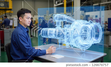 Engineer working on futuristic holographic technology in modern factory environment with advanced digital design and 3D visualization of mechanical components and industrial innovation 126678757
