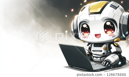A small robot with cute eyes that operates a laptop 126678888
