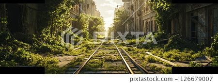 Lush vegetation reclaiming a deserted city street, with train tracks disappearing into the distance at sunset, evoking a sense of post apocalyptic tranquility and nature's resilience Lush vegetation reclaiming a deserted city street, with train tracks disappearing into the distance at sunset, evoking a sense of post apocalyptic tranquility and nature's resilience 126679007
