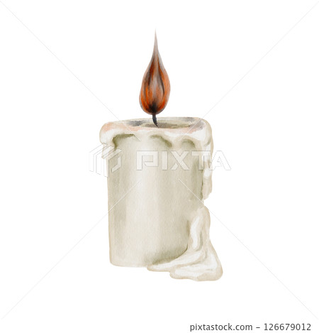 Candle round and burns. White paraffin. Small orange flame. Candle conceals. Church decor. Decoration for rituals and holidays. Halloween and day of the dead. Watercolor illustration. Hand drawing. Candle round and burns. White paraffin. Small orange flame. Candle conceals. Church decor. Decoration for rituals and holidays. Halloween and day of the dead. Watercolor illustration. Hand drawing. 126679012