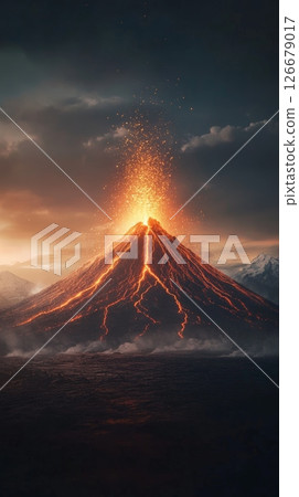 Volcano erupting at night, with molten lava flowing down its slopes, creating a stunning display of nature's power amidst a dramatic, cloudy sky filled with ash and smoke 126679017