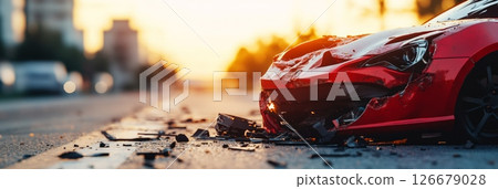 Debris scattered on the asphalt near a severely damaged red car after a traffic accident on a city street during a vibrant sunset, highlighting the dangers of urban driving 126679028