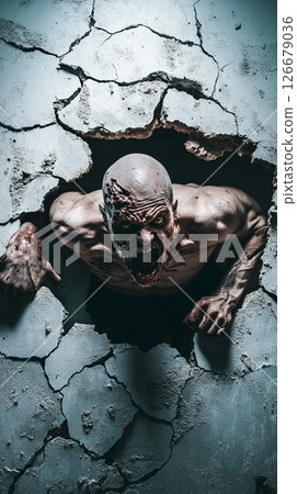 Emerging from darkness through a cracked wall, a terrifying, screaming zombie captures the horror and survival struggles of a post apocalyptic world filled with decay 126679036