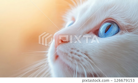 Close up of a white cat's face, highlighting its striking blue eye reflecting light and its delicate pink nose, conveying a sense of elegance and innocence 126679153