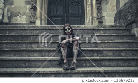 Post apocalyptic scene depicting a female zombie sitting on the steps of an abandoned church, highlighting the themes of survival, horror, and societal decay in a world ravaged by an outbreak 126679232