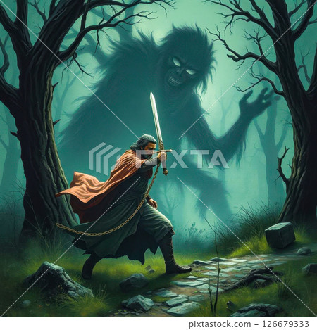 A warrior with a sword in his hand. A man fighting his fears. A warrior and the shadow of a monster. A warrior with a sword in his hand. A man fighting his fears. A warrior and the shadow of a monster. 126679333