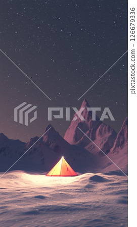 Illuminated tent stands on a snow covered field at the base of towering, snow capped mountains, under a vast, starry night sky, creating a serene and adventurous winter camping scene 126679336