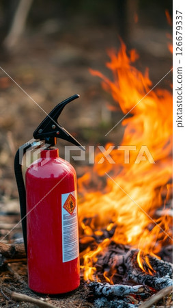 Red fire extinguisher standing near a blazing fire outdoors, emphasizing the importance of fire safety and prevention measures in natural environments 126679337