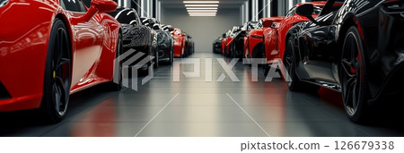 Rows of gleaming new vehicles stand ready for sale in a modern car dealership, showcasing the variety and innovation of the automotive industry 126679338