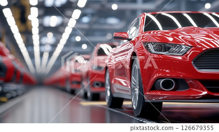 Shiny red cars leaving the assembly line of a modern car factory highlight the dynamic nature of the automotive industry and the intricate process of car production Shiny red cars leaving the assembly line of a modern car factory highlight the dynamic nature of the automotive industry and the intricate process of car production 126679355
