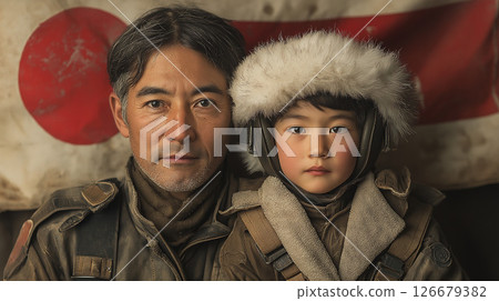 Photo of a parent and child during wartime 126679382