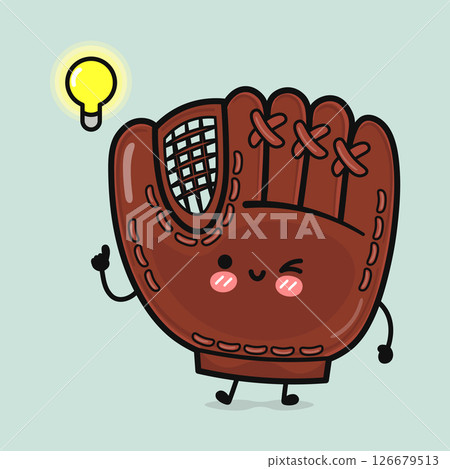 Baseball glove character pointing toward glowing light bulb, symbolizing creative sports strategy with playful cartoon expression 126679513