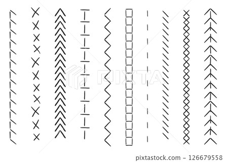 Stitch sewing machine, embroidery stitch border line zig zag hatch. Geometric fabric needlework, thread sew brushes, sewing seams. Stitch sewing machine, embroidery stitch border line zig zag hatch. Geometric fabric needlework, thread sew brushes, sewing seams. 126679558