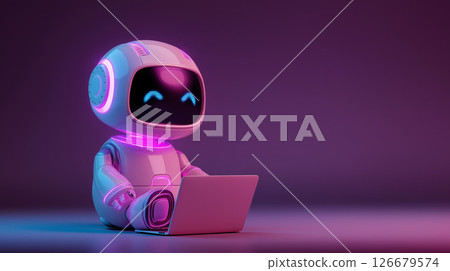 Smiling robot working on a laptop with pink lights on Smiling robot working on a laptop with pink lights on 126679574