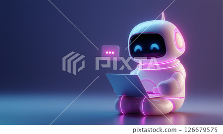 Smiling robot working on a laptop with pink lights on Smiling robot working on a laptop with pink lights on 126679575