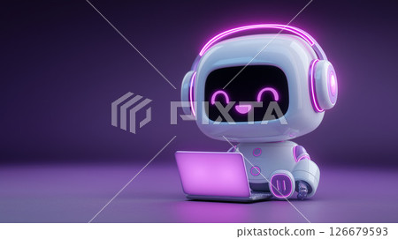 Smiling robot working on a laptop with pink lights on 126679593