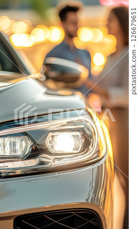 Close up of a modern car's headlight shining brightly, with blurred potential customers and a salesman engaging in discussion at a car dealership 126679651