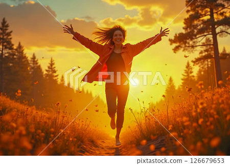 happy woman jumping in the field of sunset 126679653