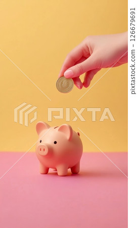 Hand gently places a gold coin into a pink piggy bank set against a vibrant two tone backdrop of yellow and pink, symbolizing the importance of saving and financial planning 126679691
